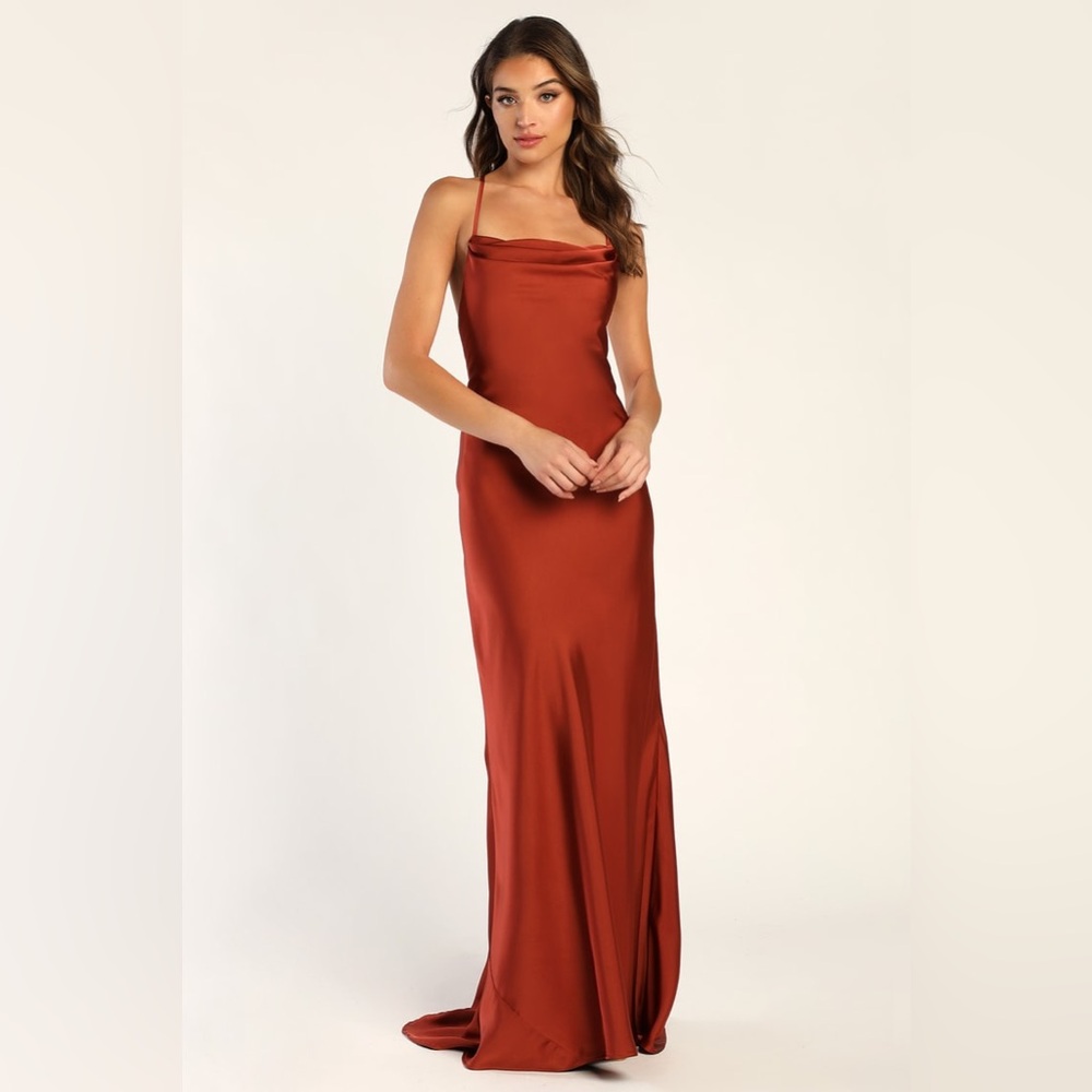 Connected At Heart Rust Brown Satin Cowl Neck Lace-Up Maxi Dress